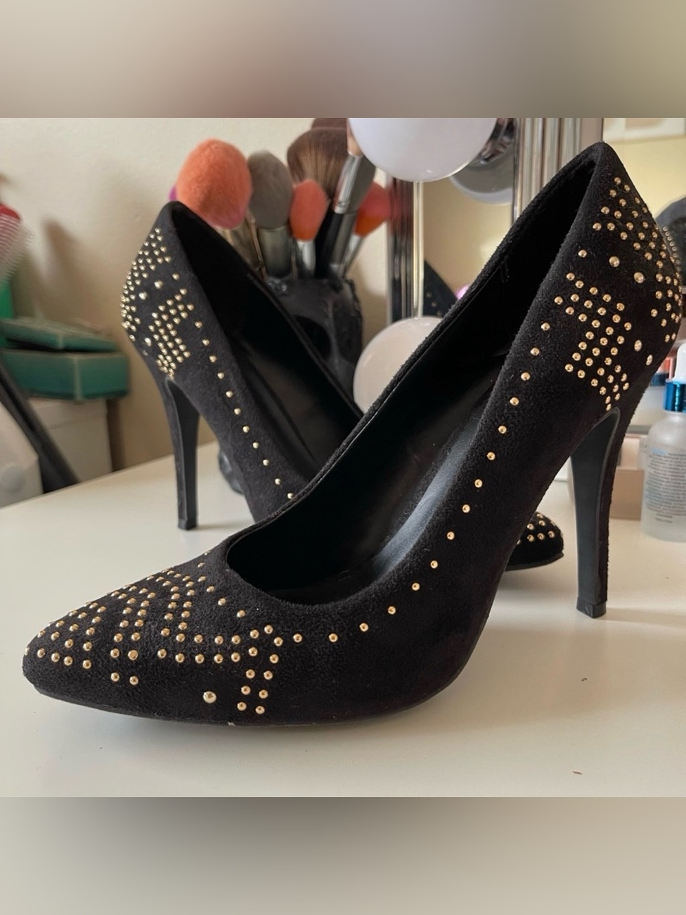JustFab Black Gold Studded Pointed Toe Stiletto Pumps Heels Size 10